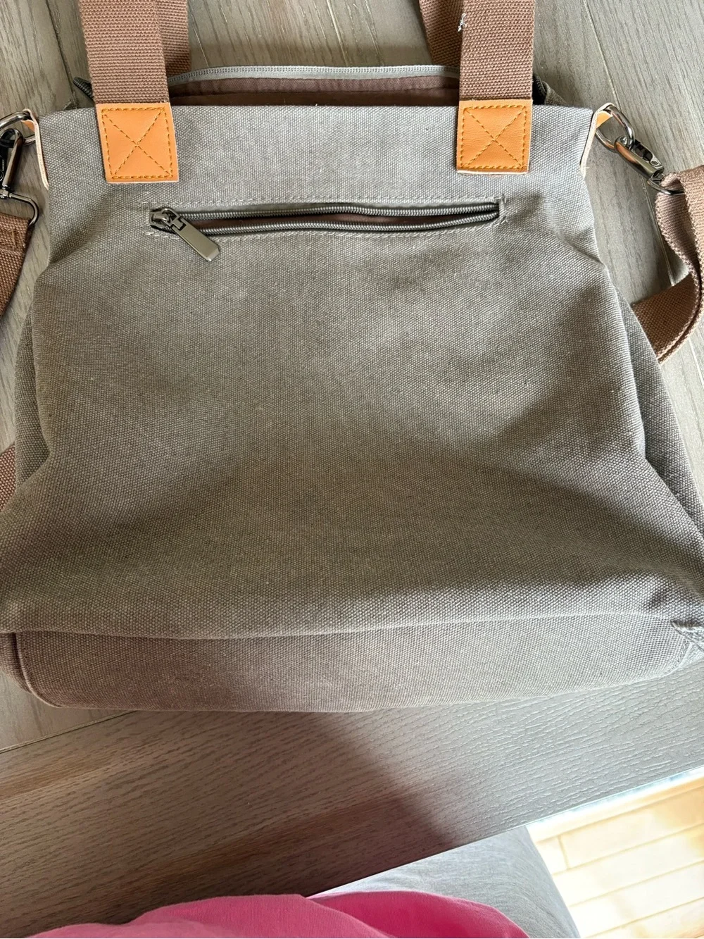Canvas Tote Crossbody Bag in Gray with Brown Straps